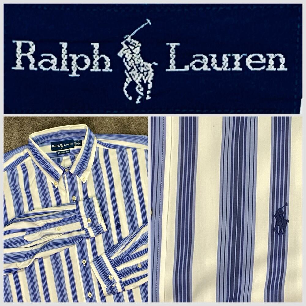 Ralph Lauren Shirt Men XL YIKES Stripes! Blue & White Classic‎ Fit Button Down